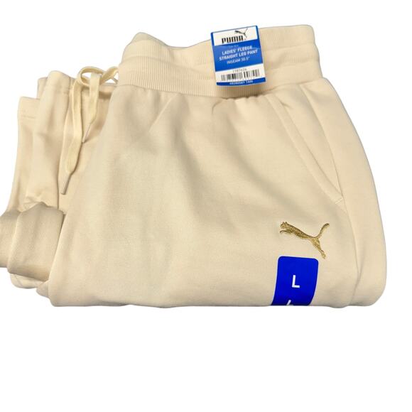 Puma Sweatpants Womens Large Fleece Straight Leg Cream Tan Comfy + Pockets NEW - Picture 1 of 11